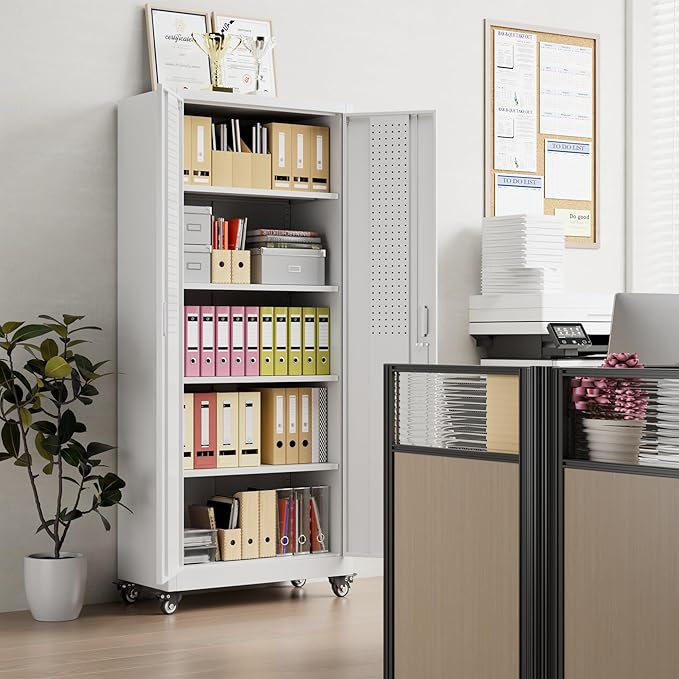 73" H Metal Storage Cabinet with Wheels, Pegboard and 4 Hooks, Garage Storage Cabinet with 4 Adjustable Shelves and 2 Lockable Doors for Garage Home Office, Basement, Assembly Required, White-VerdiqueGarden