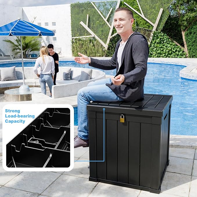 50 Gallon Resin Deck Box, Lockable Outdoor Storage Box for Patio Cushions Storage Furniture,Garden Tools, Pool Supplies, Weatherproof and UV Resistant（Black）-VerdiqueGarden