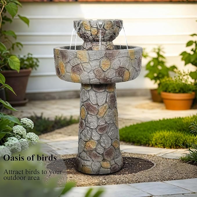 SunJet 25.7” High x 15.3” Diameter Concrete Bird Bath with Faux Stone Finish - Outdoor Water Fountain with Electric Pump - Birdbath for Garden, Patio, Yard, Lawn Décor-VerdiqueGarden
