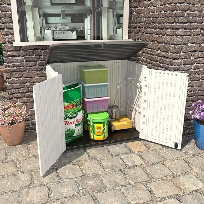KINYING Outdoor Storage Shed - Horizontal Storage Box Waterproof for Garden, Patios, Backyards, Multi-Opening Door for Easy Storage of Bike, Garbage Cans, Tools, Lawn Mower, Off-White, 26 Cubic Feet-VerdiqueGarden