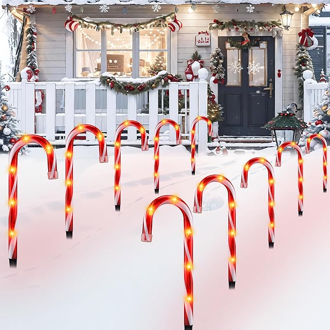 10" Christmas Candy Cane Lights - Set of 10 Pathway Markers Christmas Outdoor Yard Decorations, Xmas Candy Cane Stake Lights for Lawn, Walkway, Garden, Xmas Party Indoor Ornaments-VerdiqueGarden