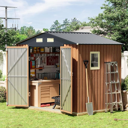 8x6 Ft Storage Shed, Large Outdoor Shed with Window, Lockable Doors, Outside Steel Shed for Garden, Backyard, Lawn, Patio Utility, Tool Storage-VerdiqueGarden