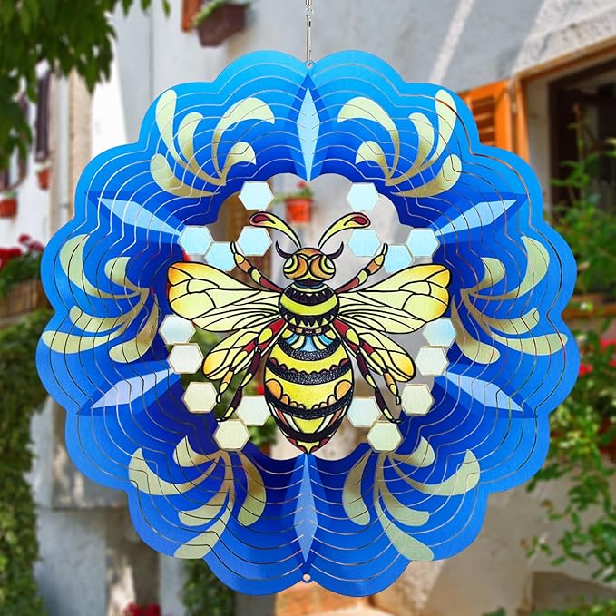 Bee Wind Spinners 3D Hanging Wind Spinner Bee Ornament Gifts for Women Mom Grandma,12inch Metal Spring Wind Kinetic Sculpture for Outdoor&Indoor Decor, Yard Art, Garden Decoration-VerdiqueGarden