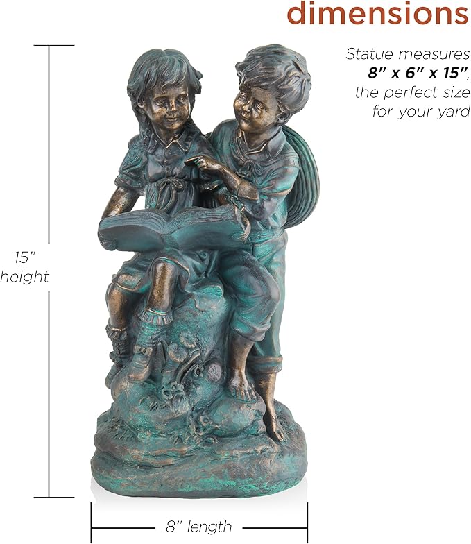 Alpine Corporation 15" Tall Indoor/Outdoor Girl and Boy Reading Together Statue Yard Art Decoration-VerdiqueGarden
