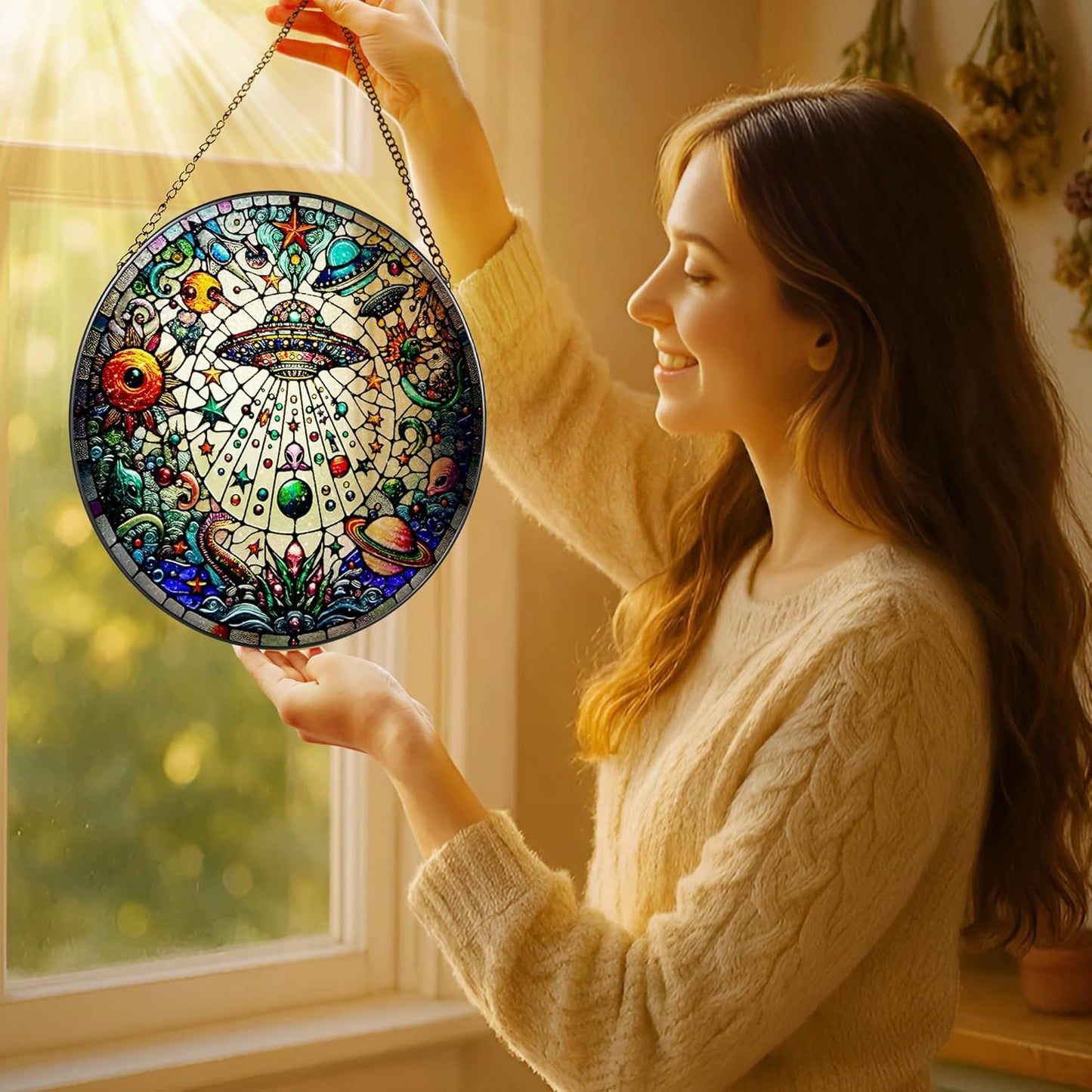 Stained Glass Window Hanging, LAOWEIKI 8'' UFO&Alien Suncatcher, Stained Glass Ornament, Suncatchers for Windows Hanging, Window Decor, Outdoor or Indoor, Gifts for Friends, Art Lover, Astronomer-VerdiqueGarden