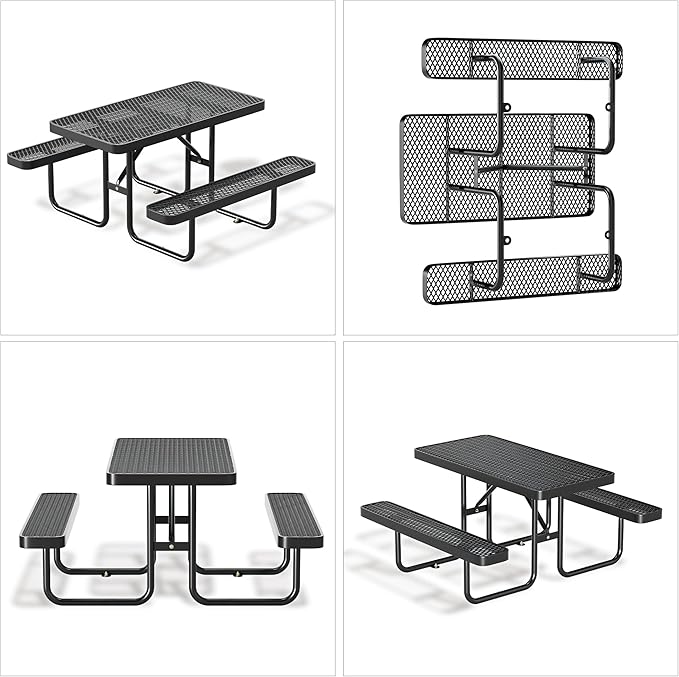 4FT Metal Picnic Tables for Outdoors, Commercial Rectangular Picnic Table and Bench Set for Outside, Patio, Garden, Backyard, Porch, Surface Mount, Black-VerdiqueGarden