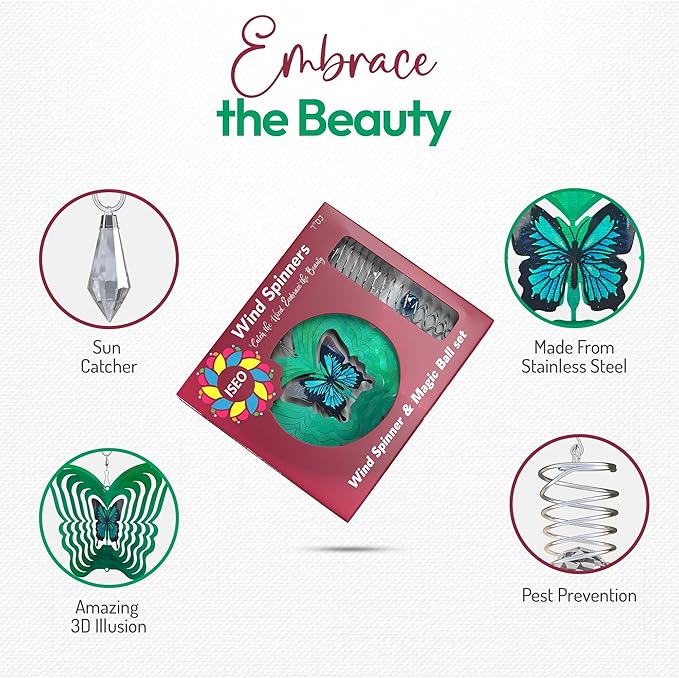 ISEO Butterfly Wind Spinner and Gazing Ball Set, Metal Wind Spinner Garden Decor, Hanging Garden Decorations, Weather-Resistant Outdoor Wind Spinners, 6.5" Spinner Garden Décor-VerdiqueGarden