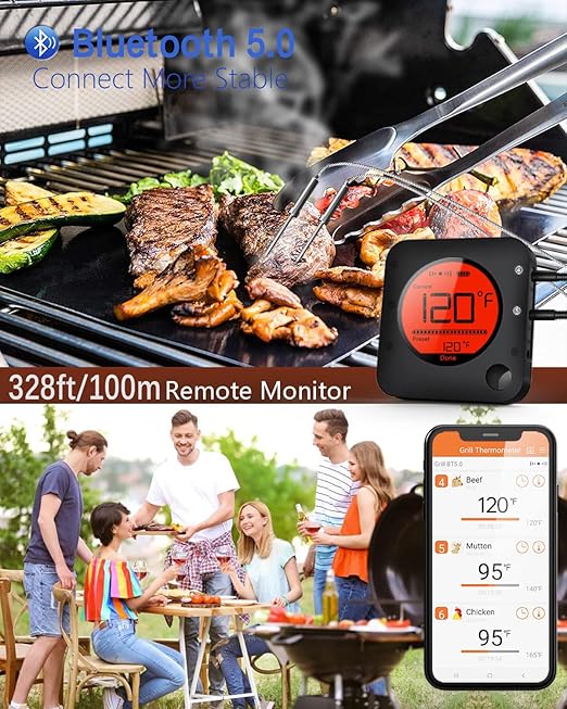 BFOUR Meat Thermometer Wireless Bluetooth, LCD Digital Meat Thermometer with Dual Probe, Wireless Remote BBQ Thermometer for Smoker Kitchen Cooking Grill Thermometer for Grilling BBQ Oven-VerdiqueGarden