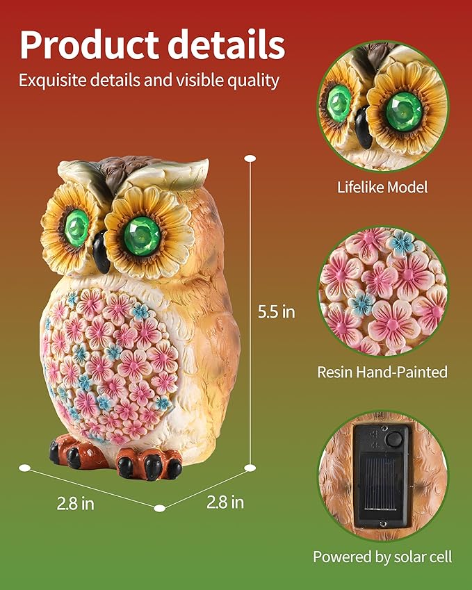Hand-Painted Resin Owl Figurine with Glow-in-The-Dark Eyes, Solar-Powered Garden Decor 5.5'' Lawn Ornaments Statue Gardening Gifts for Outside Yard Art Patio (Owl)-VerdiqueGarden