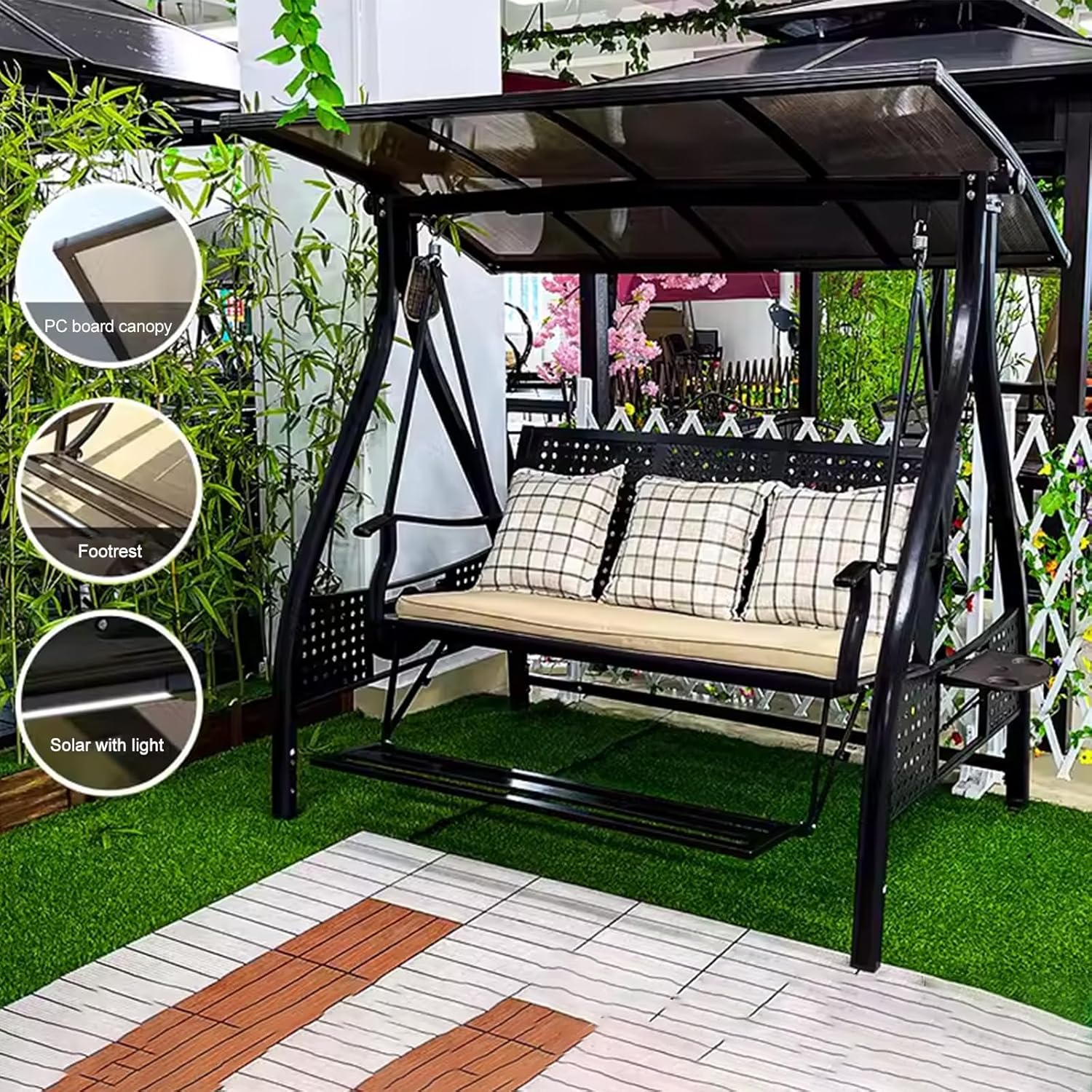 2/3-Seat Outdoor Patio Porch Swing with Adjustable Aluminum Alloy Canopy Solar Patio Swing Chair Bench with Footrest Side Cup Holder for Backyard Lawn (AEBS Black - 3 Seat)-VerdiqueGarden