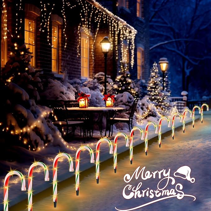 10" Christmas Candy Cane Pathway Lights, Set of 10 Pack Christmas Outdoor Decorations Candy Cane Lights Red & Green-VerdiqueGarden
