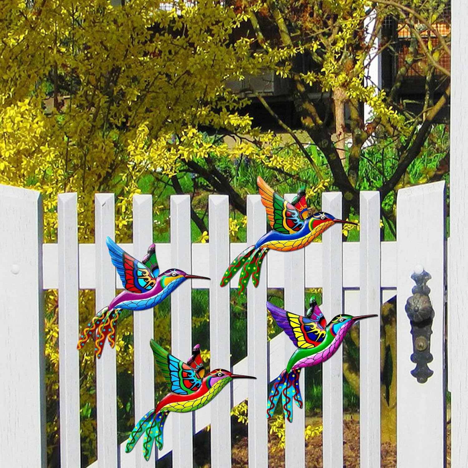 ZYP Metal Outdoor Wall Art Decor,3D Colorful Garden Birds Sculpture Outdoor Iron Hanging Decor Ornaments, Metal Hand-Made Bird Wall Art Decorations for Fence Patio Balcony Living Room,Hummingbird-VerdiqueGarden