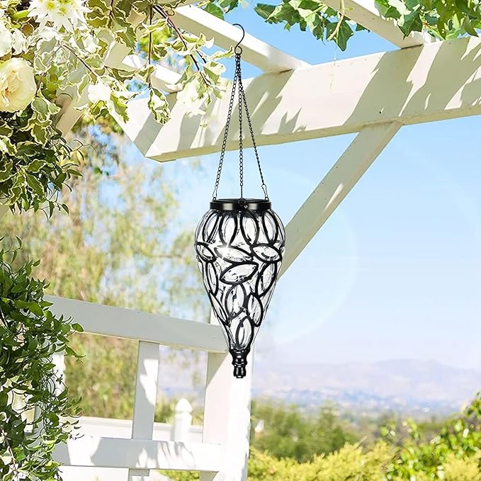 Solar Hanging Lantern Outdoor Lights, Tear-Shaped 15 LEDs Cool White Hanging Lights with S Hooks Decor in Garden, Yard, Pathway, Front Door and Landscape-VerdiqueGarden