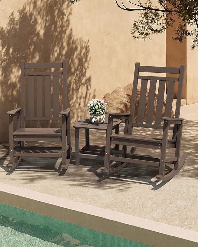 SERWALL Outdoor Rocking Chair Set of 2, HDPE Rocking Chairs for Adult, All Weather Porch Rockers for Lawn Garden, Coffee-VerdiqueGarden