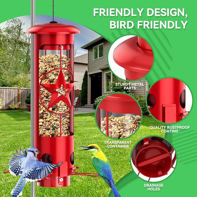 Squirrel Proof Bird Feeders for Outdoors Hanging, Metal Squirrel Proof Bird Feeder with Gravity Protection, 3LB Large Capacity Wild Bird Feeders for Outside Finch, Cardinal, Blue Jay (Red)-VerdiqueGarden