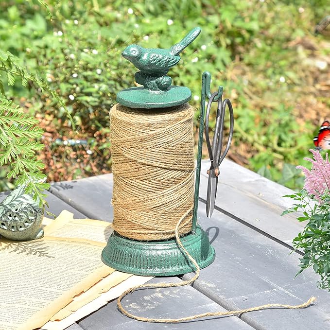 Sungmor Cast Iron Garden Twine Holder Set - 1300ft. Natural Jute Twine String & Rope Rack & Scissors - Decorative & Practical Home Arts Crafts Tools for Picture Display Gift Wrapping Packing Gardening-VerdiqueGarden