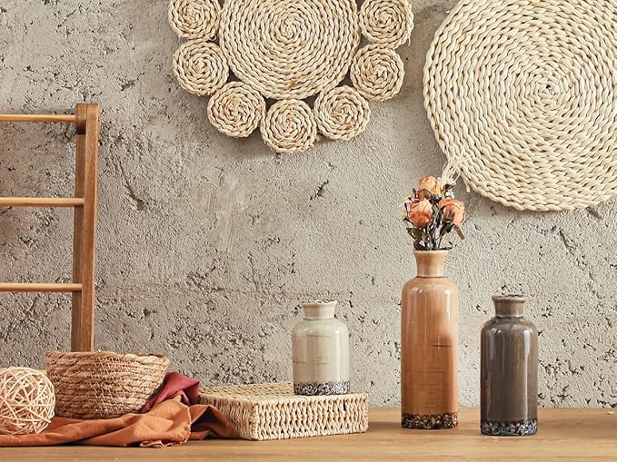 Ceramic Vase Set of 3, Neutral Flower Vases Home Decor, Pottery Rustic Farmhouse Decorative Vases Modern Decor for Table Mantel Entryway Bookshelf Living Room Kitchen Bedroom - Brown-VerdiqueGarden
