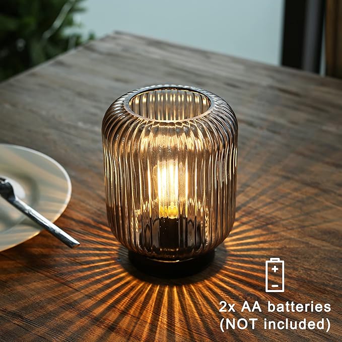 Battery Operated Lamp, Cordless Table Lamps for Home Decor, Battery Powered Nightlight with LED Bulb, Decorative Glass Beside Lamp for Bedroom Living Room-Grey-VerdiqueGarden
