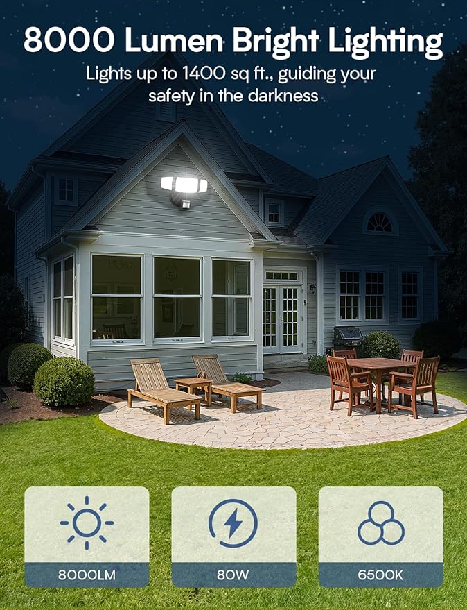 Olafus 80W Motion Sensor Outdoor Lights, 8000lm Hardwired Motion Flood Light Dusk to Dawn, IP65 Waterproof LED Security Floodlights, 6500K Motion Detector Lights for Outside, Black-VerdiqueGarden