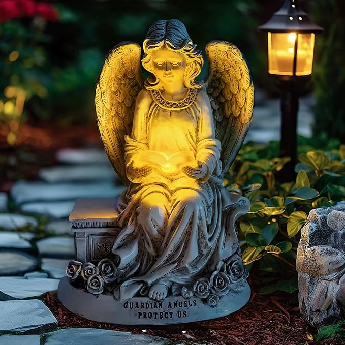 Spring & Summer-Themed Garden Statues – Adorable Outdoor Decor for Lawn, Patio & Porch (Guardian Angel Reading Book Garden Statue, 10" Solar Powered Angelic Outdoor Figurine)-VerdiqueGarden
