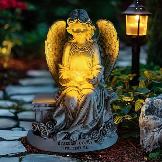 Spring & Summer-Themed Garden Statues – Adorable Outdoor Decor for Lawn, Patio & Porch (Guardian Angel Reading Book Garden Statue, 10" Solar Powered Angelic Outdoor Figurine)-VerdiqueGarden