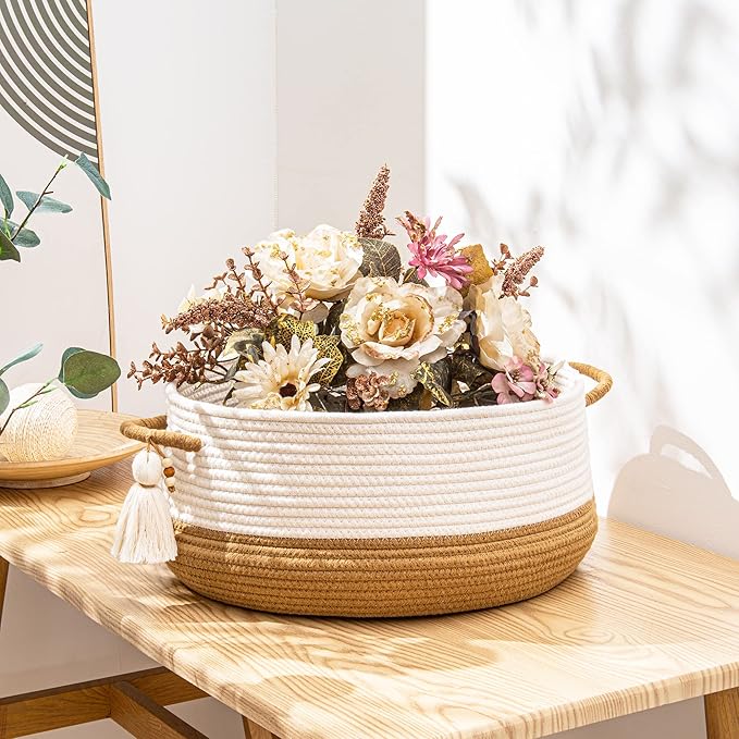 KAKAMAY Woven Baskets for Storage(16"x8"),Blanket Basket for Organizing Living Room,Cotton Rope Basket Woven Baby Laundry Hamper,Collapsible Laundry Room Organization,Clothes,Toy Chest(Brown)-VerdiqueGarden