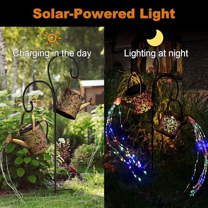 MEREAR Solar Watering Can Lights Outdoor with 8 Multi-Color Changing Modes, IP65 Waterproof Landscape Light Garden Decor, One Pole Two Lights Outside Decorations for Lawn, Backyard, Patio, Chrismas-VerdiqueGarden