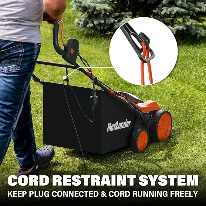 MAXLANDER 15” 13 Amp Electric Dethatcher and Scarifier, 2-in-1 Lawn Dethatcher with 5-Position Depth Adjustment, 45L Removable Collection Bag, Airboost Technology Increases Lawn Health-VerdiqueGarden