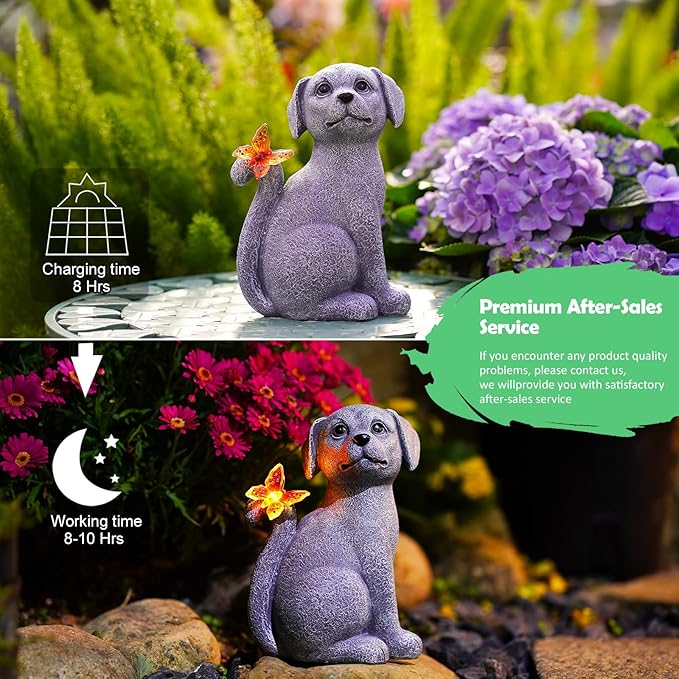 Garden Decor Solar Dog Statues: Outdoor Sculptures with Glowing Butterfly for Lawn Ornaments Yard Art Porch Patio Balcony - Gifts for Mom Grandma Women-VerdiqueGarden