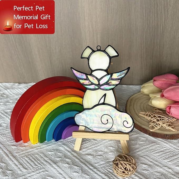 Stained Glass Angel Wings Dog Memorial Gifts for Loss of Dog Sympathy Gift Suncatcher, Rainbow Bridge Pet Passing Away Remembrance in Memory, Dog Bereavement Gifts for Loss of Pet,Yellow-VerdiqueGarden