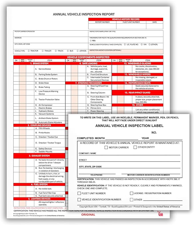 5 Pack 3-Ply Carbonless Annual Vehicle Inspection Report Forms with FMCSA 2-Ply Mylar Laminate Adhesive Vinyl Labels, DOT Inspection Forms and Stickers, Shrink-Wrapped, 8.5" x 11.75" - Made in USA-VerdiqueGarden