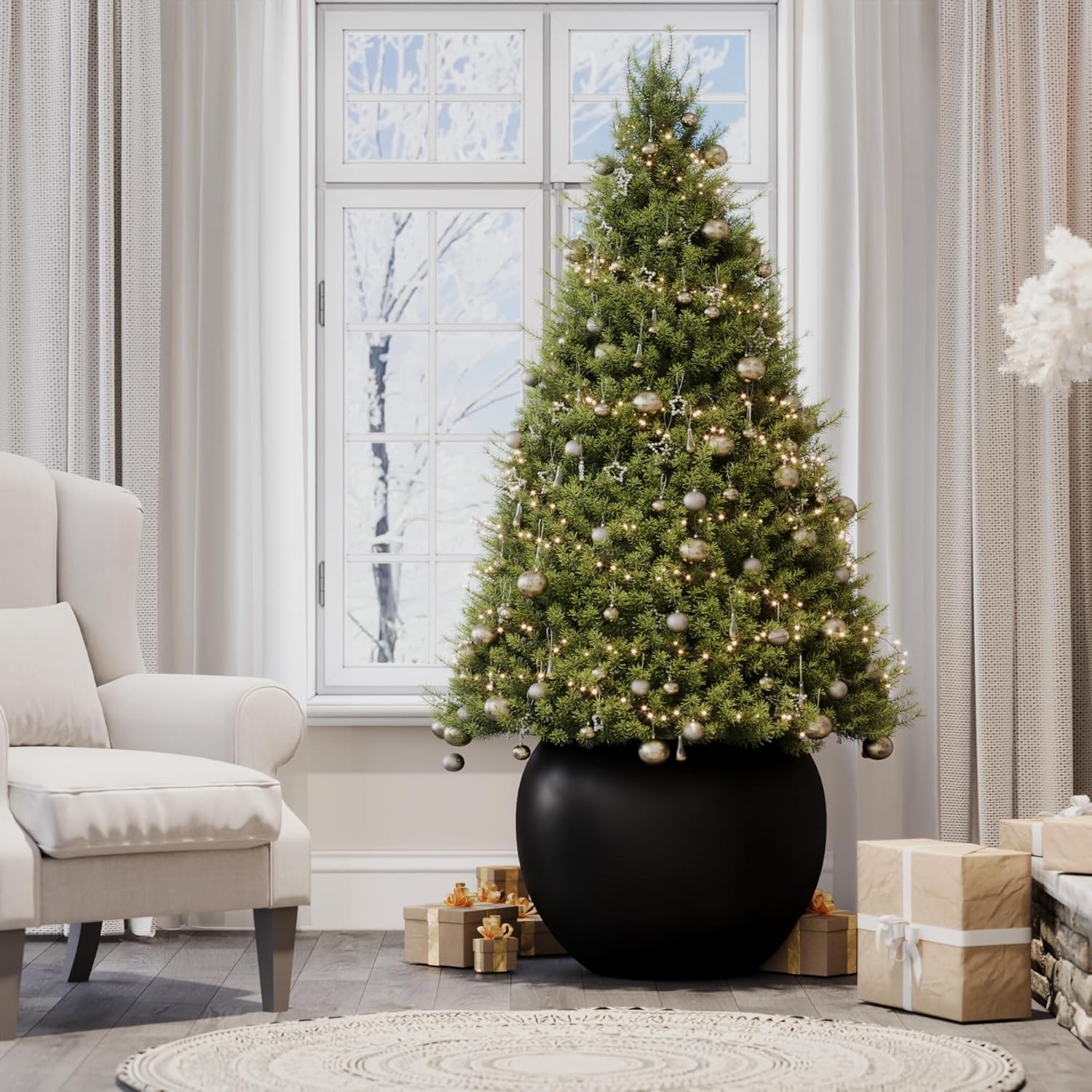 DTY Signature Mount Sherman Lightweight Durable Modern Fiberstone Sphere Planter for Indoor & Outdoor Drainage Hole & Rubber Plug Weather Resistant, 17" H x 21" Dia 14.4" Pot Opening - Large, Black-VerdiqueGarden