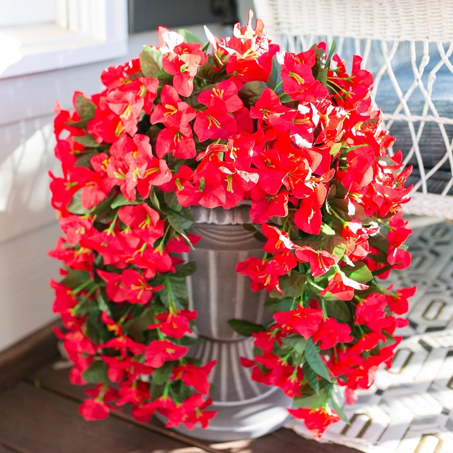 Bougainvillea Artificial Hanging Flowers Plants for Outdoors Decoration, 2pcs Fake Flowers Silk Bougainvillea Vines Realistic UV Resistant Faux Flowers for Outdoor Planters Porch Patio, Red-VerdiqueGarden