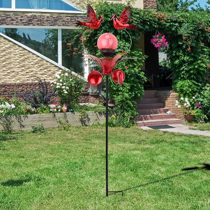 VCUTEKA Cardinal Solar Lights Outdoor Metal Garden Stake Waterproof Crackle Glass Globe Garden Decor Cardinal for Pathway, Lawn, Patio, Yard-VerdiqueGarden