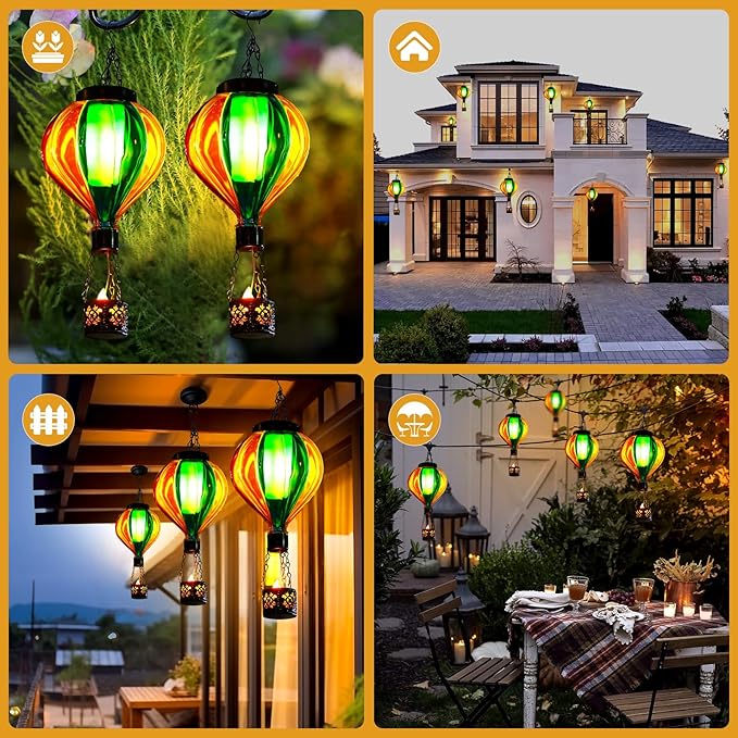 Hot Air Balloon Solar Lantern with Flickering Flame Christmas Gifts for Women Grandma Mom Outdoor Hanging Light Solar Decorative Air Balloon Lamp for Garden Patio Yard and Home (Blue & Yellow)-VerdiqueGarden