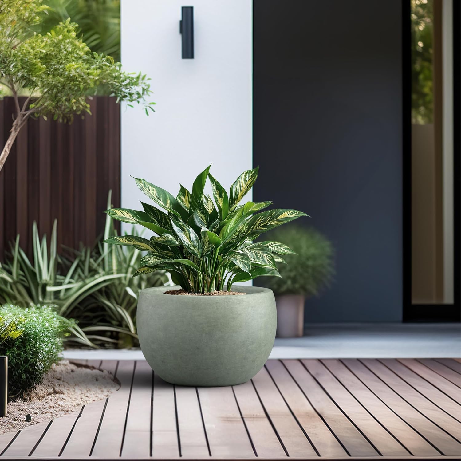 Kante 15.7" Dia Round Concrete Planter, Outdoor/Indoor Large Bowl Plant Pots with Drainage Hole and Rubber Plug for Garden Patio Balcony Home, Mint Green-VerdiqueGarden