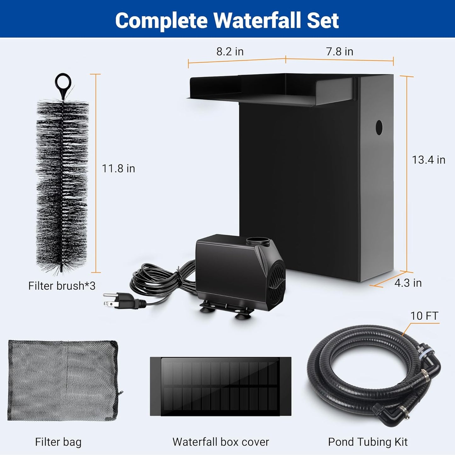 NFESOLAR Pond Waterfall Spillway Kit, Includes Large 7.8" W 13.4" H Stainless Waterfall Box, 660GPH Water Pump, Blue LED Lights for Garden Outdoor Pond 500-1500 Gallons N4213-VerdiqueGarden