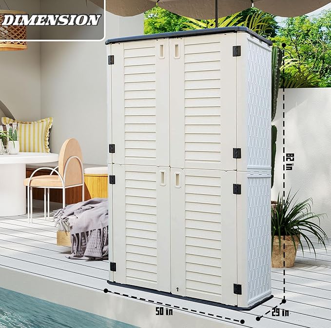 HOMSPARK Storage Shed Weather Resistance, Multi-Purpose Outdoor Storage Cabinet for Backyards and Patios, Vertical Storage Shed for Lawnmower, Patio Accessories (White 1, Tall - 53 cu.ft)-VerdiqueGarden