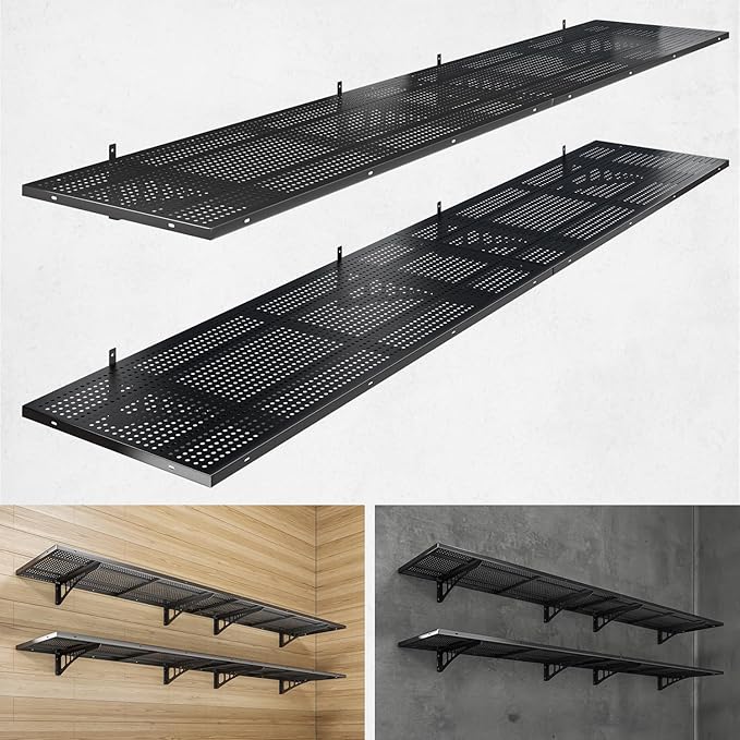 4-Pack 1.5x4ft Heavy Duty Garage Wall Shelving, 1000 lbs Load Capacity, Garage Shelving Wall Mounted, Garage Storage Rack with Hooks, Black-VerdiqueGarden