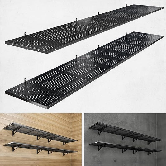 4-Pack 1.5x4ft Heavy Duty Garage Wall Shelving, 1000 lbs Load Capacity, Garage Shelving Wall Mounted, Garage Storage Rack with Hooks, Black-VerdiqueGarden