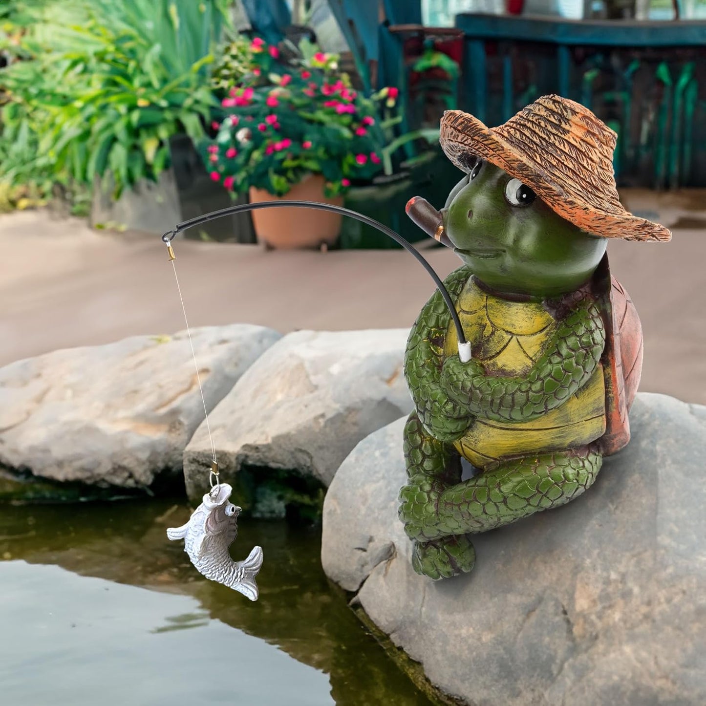 9.5" Turtle Fishing Statues- Whimsical Stone Look Lawn Yard Art, Funny Garden Pond Fisherman Sculpture, Resin Animal Decor, Ideal for Garden Enthusiasts & Turtle Fishing Lovers-VerdiqueGarden