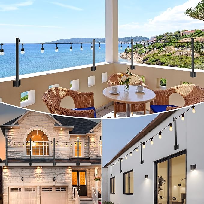 Suchtale 8 Pack 1.3 FT String Light Poles, Suspension Outdoor Fence Post Lights with Clip and Bracket, Outside String Lights Hanging, Wall Mounting Stand for Patio Garden Backyard Wedding Party, Black-VerdiqueGarden