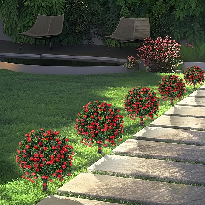 Artificial Boxwood Topiary Tree with Rose, Set of 2 Artificial Shrub Bushes with Ground Spike, Fake Evergreen Tree for Porch, Artificial Plants for Outdoor Planters Indoor UV Resistant-VerdiqueGarden