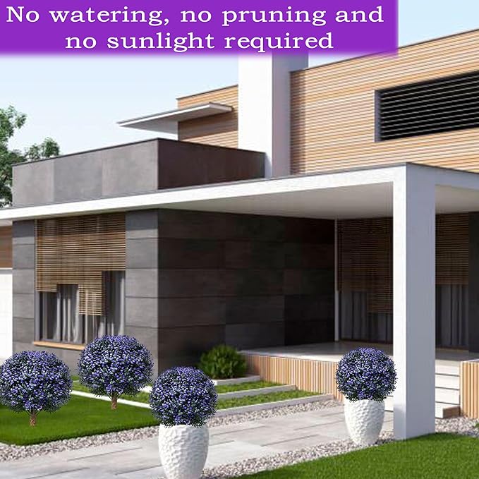 Set of 2 Artificial Boxwood Topiary Ball Trees Outdoor Faux Shrubs Artificial Boxwood Plants with Ground Spike, 24" Lavender Fake Evergreen Tree UV Resistant for Planter,Potted,Fall-VerdiqueGarden