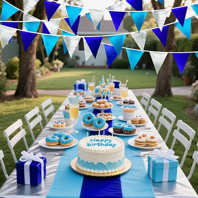 Navy Blue Silver Party Decorations Metallic Fabric Triangle Pennant Banner Flag Bunting Garland for Graduation Birthday Retirement Wedding Bachelorette Nautical Ahoy Achor Outdoor Party Supplies-VerdiqueGarden