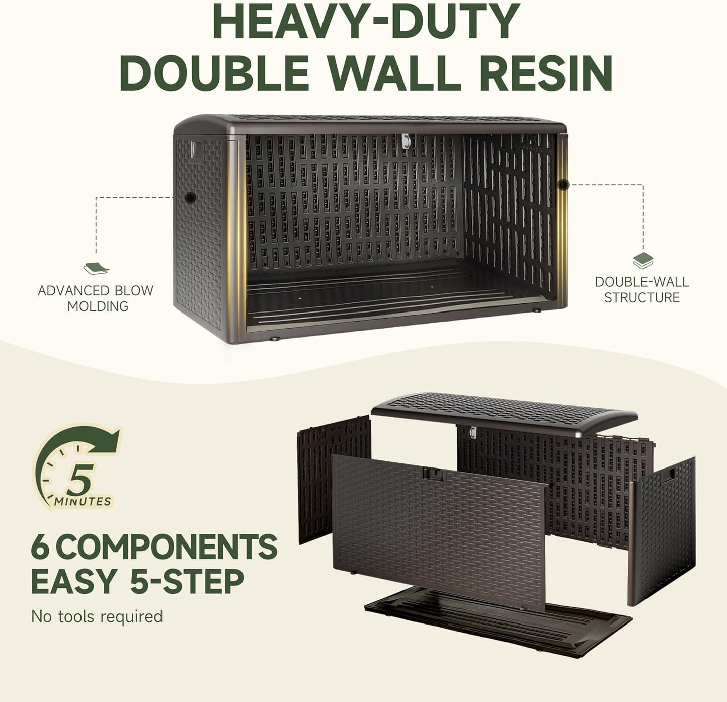 73 Gallon Deck Box, Double Layer Waterproof Resin Outdoor Indoor Storage Box, Lockable & UV Resistant Storage Bin for Patio Furniture, Garden Tools, Pool Accessories (Brown)-VerdiqueGarden