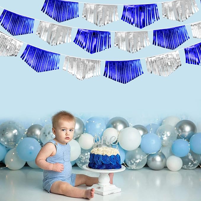 Royal Blue Silver Tassel Banner Metallic Fabric Pennant Bunting Flag for Graduation Birthday Retirement Bachelorette Engagement Wedding Bridal Shower Navy Nautical Ahoy Achor Party Decoration Supplies-VerdiqueGarden