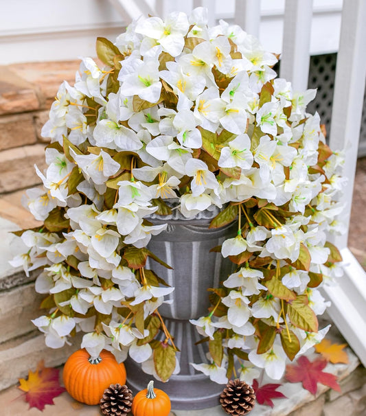 Bougainvillea Artificial Fall Hanging Flowers Plants for Outdoors Autumn Decoration, 2pcs Faux Bougainvillea Vines White Fake Flowers Realistic UV Resistant Silk Flowers for Outside Planter Yard Home-VerdiqueGarden