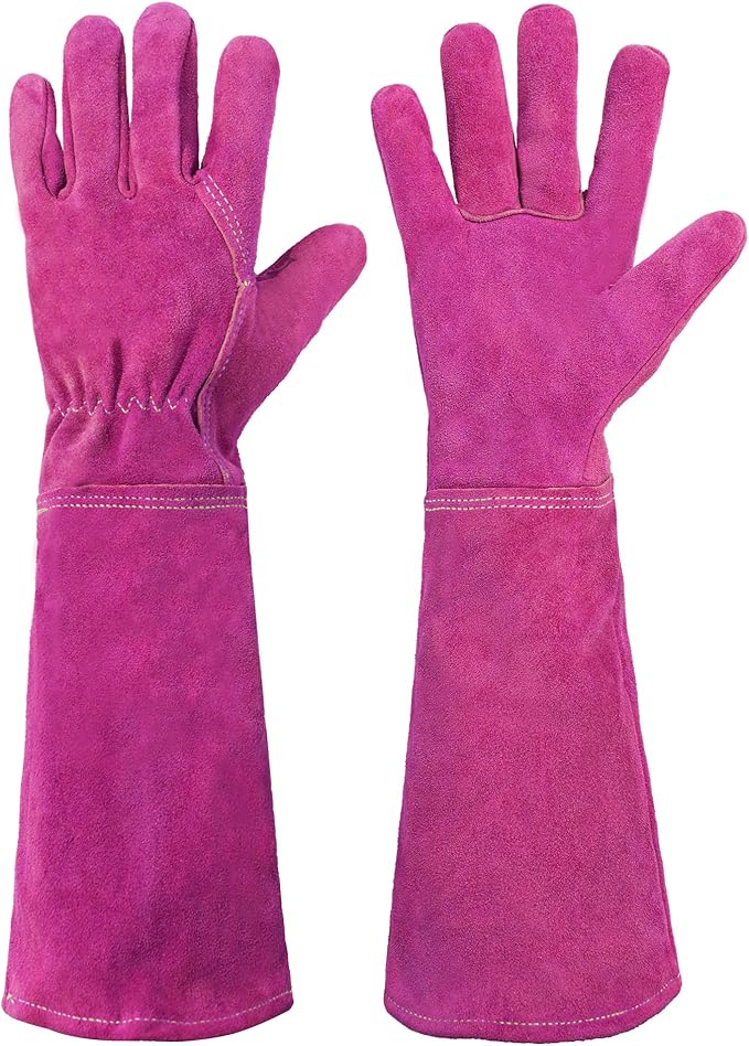HANDLANDY Ladies Leather Gardening Gloves, Thorn Proof Women Rose Pruning Garden Yard Glove, Heavy Duty Long Sleeve Gloves (Medium, Rosy)-VerdiqueGarden