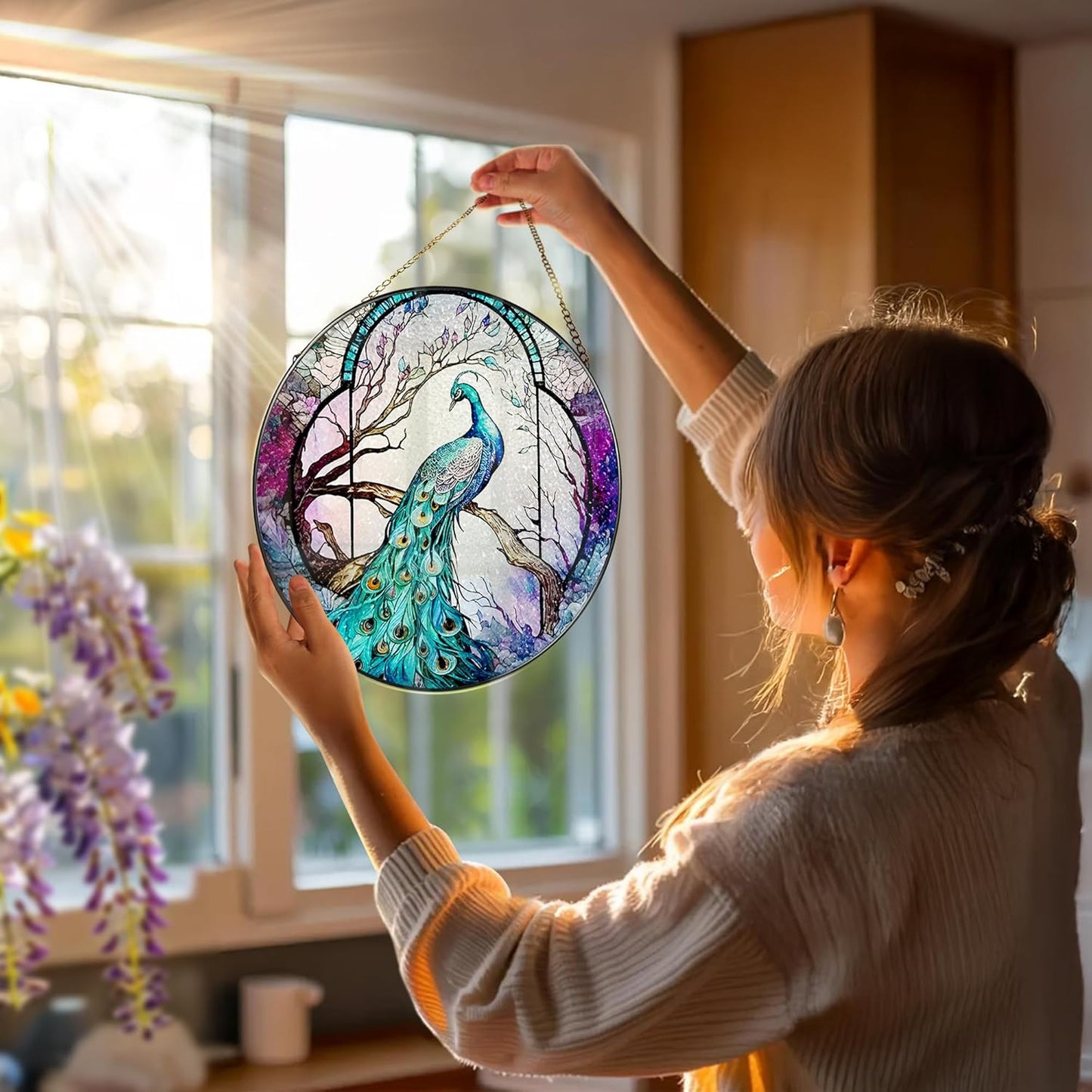 Stained Glass Window Hanging, Stained Glass Suncatcher, Peacock Sun Catcher, Window Decor, Peacock Gift, Gifts for Mothers Day, Christmas or Birthday Gift, Gifts for Her Mom Grandmother Daughter-VerdiqueGarden